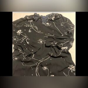 Kaari Blue Top Black ‎ v-neck Long Sleeve elastic cuff Pattern Blouse, M